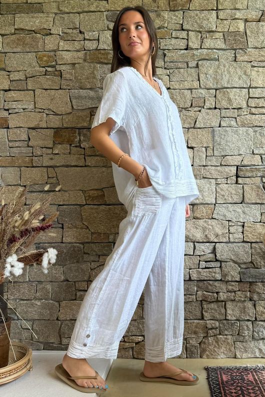 Benji Linen Wave Y Tee White